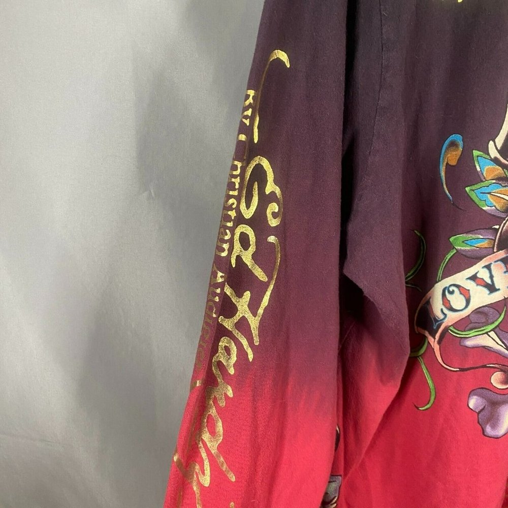 Authentic Ed Hardy Red to Black Ombre Long Sleeve Tee with Graphic Tiger & Rose - Picture 9 of 12